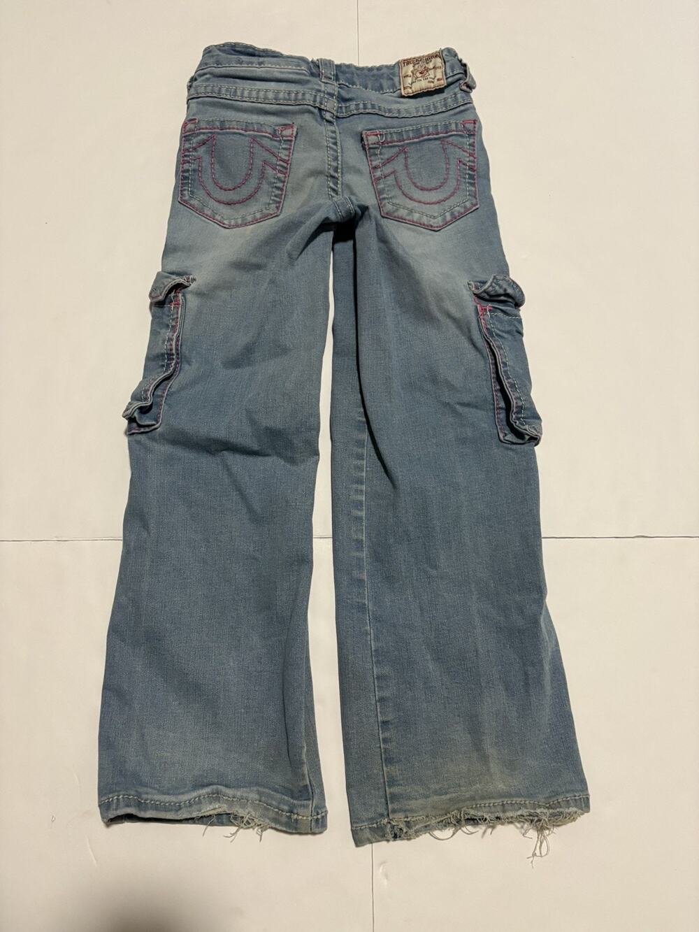 True Religion Girls Size 7 Cargo Jeans Pink Stitch Wide Leg Baggy Y2K Denim